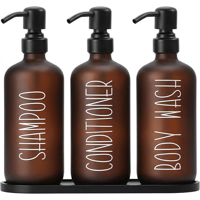 MOMEEMO Amber Shampoo and Conditioner Bottles with Tray, Shower Bottles Refillable with Labels, Hotel Shampoo and Conditioner Dispenser for Shower, Body Wash Container with Pump (Amber)