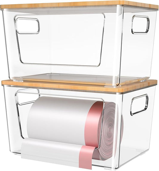 spospo 2 Pack Trash Bag Holder with Bamboo Lid, Stackable Trashbag Dispenser, Extra Large Garbage Bag Holder for Kitchen Laundry Room Under Sink Organization and Storage