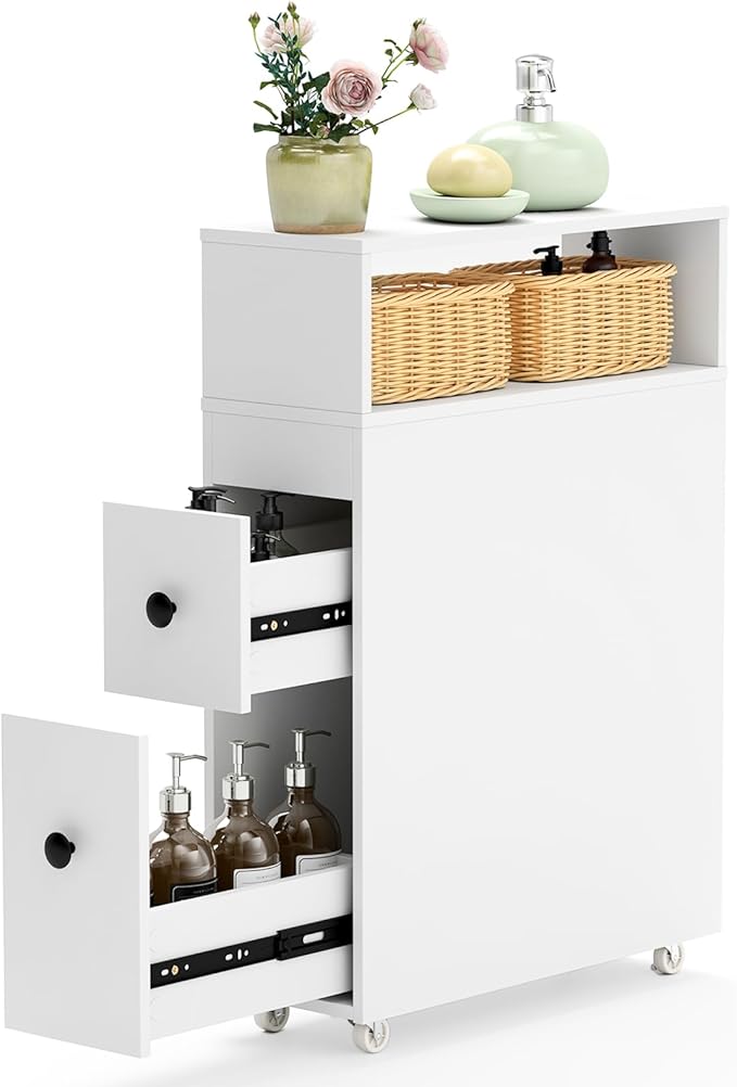 HOMGX Slim Bathroom Storage Cabinet, Narrow Floor Bathroom Organizer with Universal Wheels, Freestanding Side Toilet Storage with 2 Drawers, Rolling Bathroom Space Saver for Corner Small Spaces, White