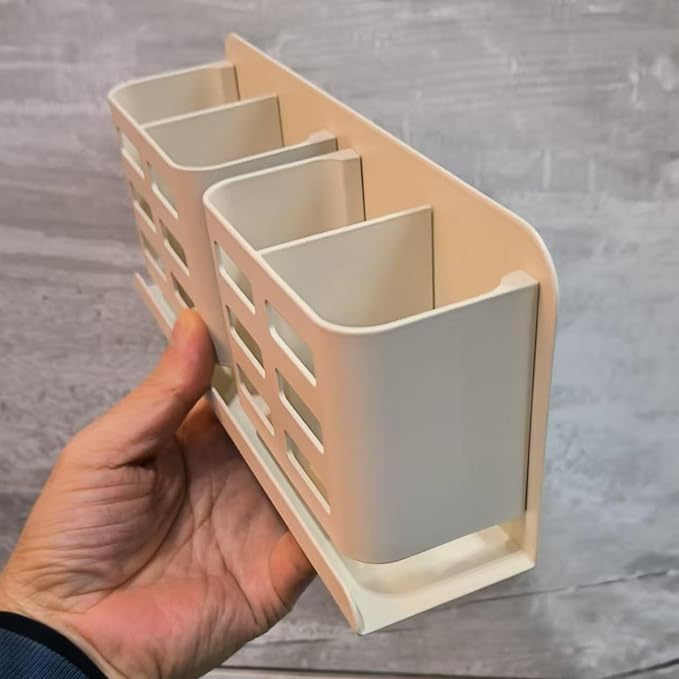 Aluminum Toothbrush Holder Self-Adhesive Wall Mount Bathroom Organizer for Toothbrush, Razor, Comb & Toothpaste. (Cream White