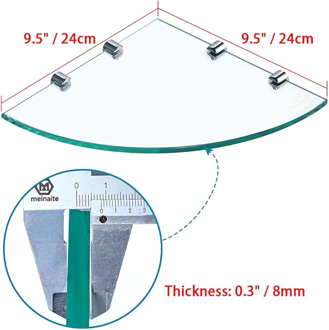 2 Pcs Tempered Glass Corner Shelf with 8 Brackets, 9.5" x 9.5" Floating Shower Caddy, Wall Mounted Shampoo Holder Organizer for Bathroom, Kitchen, Living Room