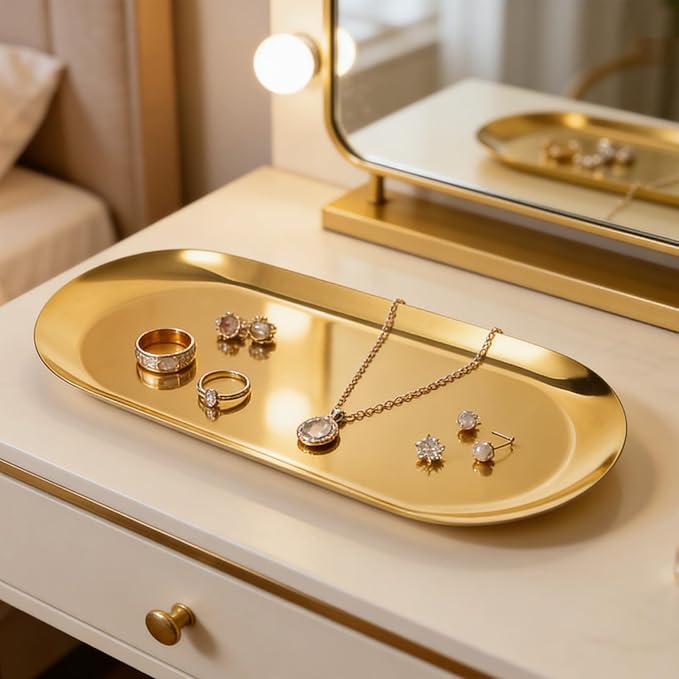 2 Pack Stainless Steel Decorative Tray, 12 Inch Oval Vanity Tray for Jewelry, Small Storage Plate for Cosmetics Organizer Bathroom Key Candle (Gold)