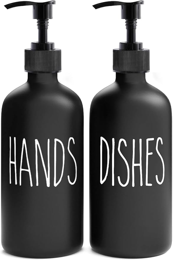 MOMEEMO Soap Dispenser Set 2 Pack, Contains Dish and Hand Soap Dispenser, Perfect for Black Kitchen Decor. (Black)