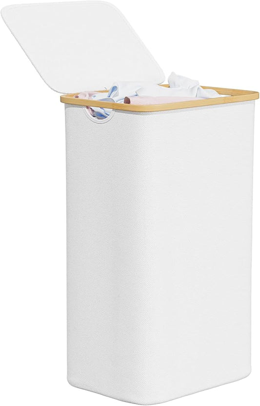 SpaceAid Laundry Hamper with Lid, 110L Large Tall Clothes Basket Bin with Bamboo Handles, Collapsible Laundry Hamper for Bedroom, Bathroom, Dorm, Laundry Room - White