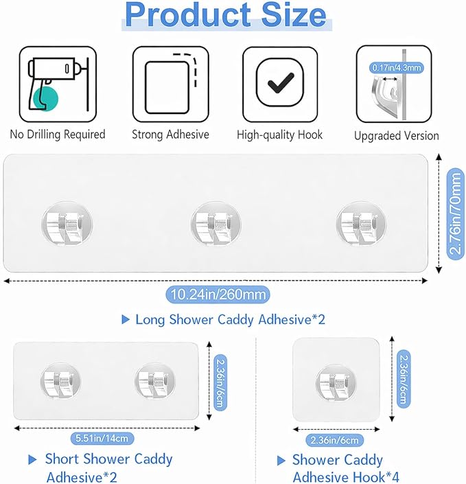 Shower Caddy Adhesive Replacement, 8 Pcs Strong Shower Shelf Adhesive, WaterProof Showers Adhesives Strip, Ad-hesive Hook for Showers, No Drilling for Bathroom Storage Shelve and Kitchen Rack