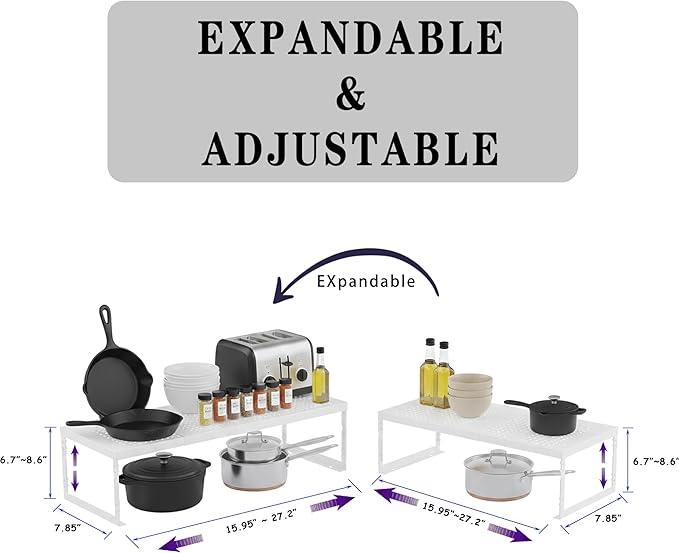 Stackable Expandable Metal Shelf Organizer, Adjustable Storage Rack, Heavy Duty Space Saver for Kitchen, Pantry, Bathroom, Countertop & Office(1Pack/Meidum/White)