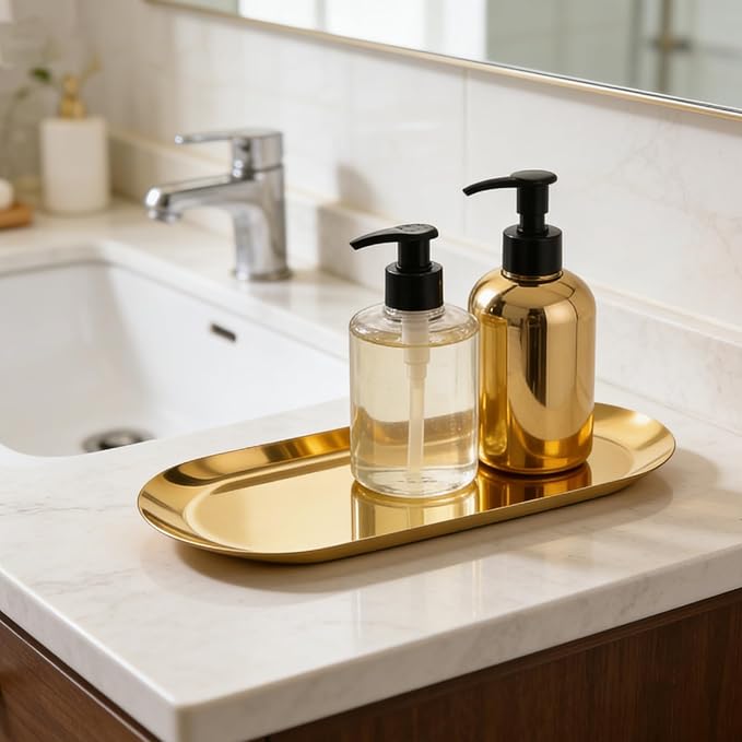 2 Pack Stainless Steel Decorative Tray, 12 Inch Oval Vanity Tray for Jewelry, Small Storage Plate for Cosmetics Organizer Bathroom Key Candle (Gold)