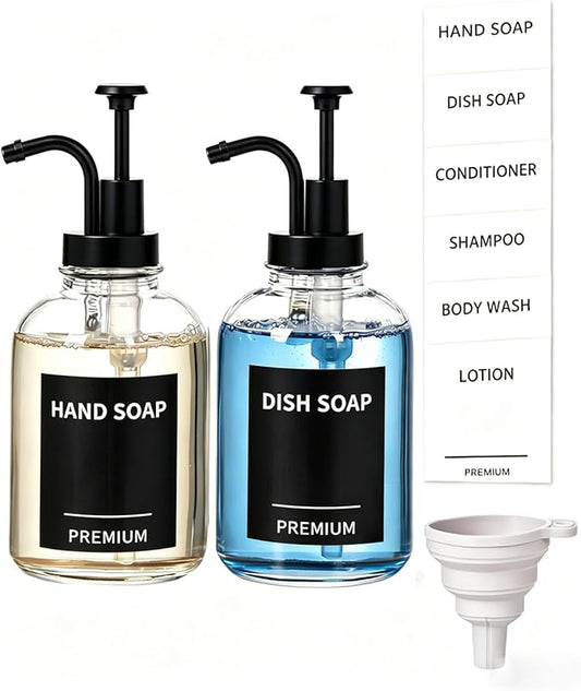 12oz Dish Soap Dispenser for Kitchen, Hand Glass Soap Dispenser Set with Pump, Tray, Funnel for Bathroom, Shower, Laundry, Liquid, Lotion (Black 2 Pack Clear Bottles with 12 Stickers)