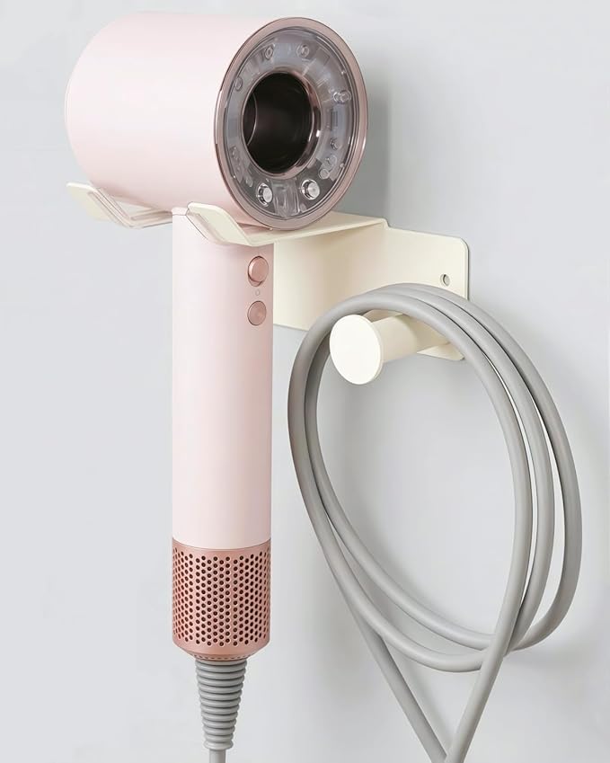Hair Dryer Holder, Dyson Hair Dryer Holder, Blow Dryer Holder with Cord Hook SUS304 Stainless Steel Wall Mount, Self Adhesive/Screw Space Saving Hairdryer Holder for Bathroom White