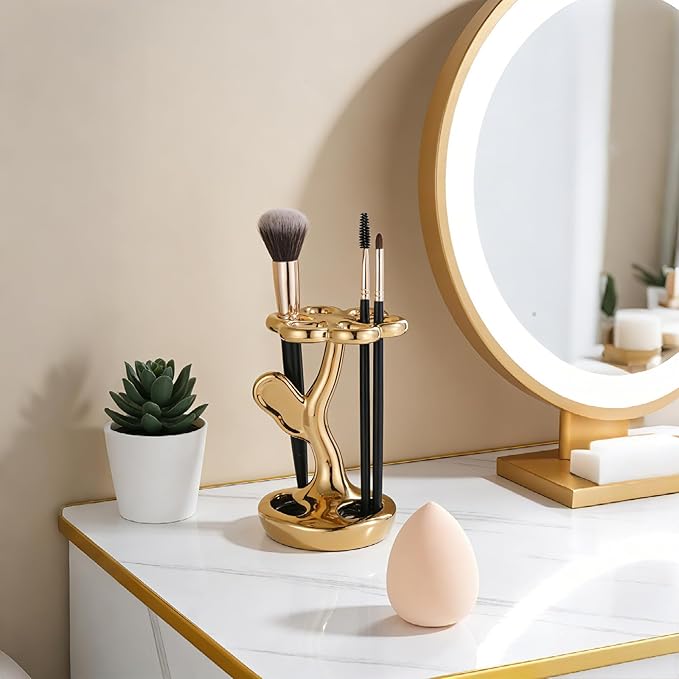 Flower Ceramic Tooth Brush Holders for Bathroom, Upgraded Large Slots Toothbrush Holder Organizer for Manual Brushes & Art Paintbrushes, Aesthetic Vanity Decor, Non-Tip Sturdy Base, 6 Slots（Golden）