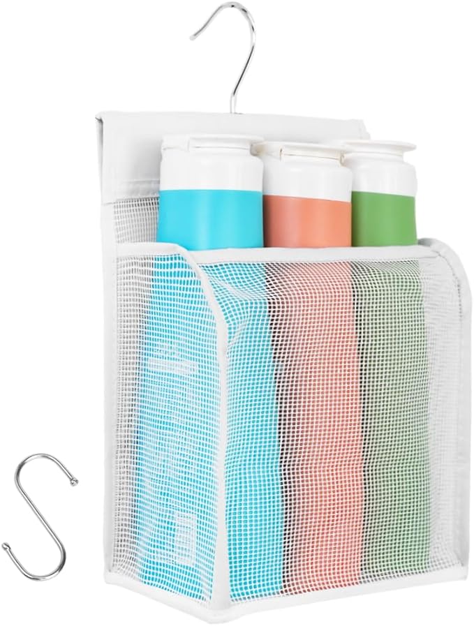 ALYER Hanging Mesh Shower Caddy Organizer Bathroom Storage Bag with Hooks for College Dorm, Gym, Swimming,RV and Travel,White