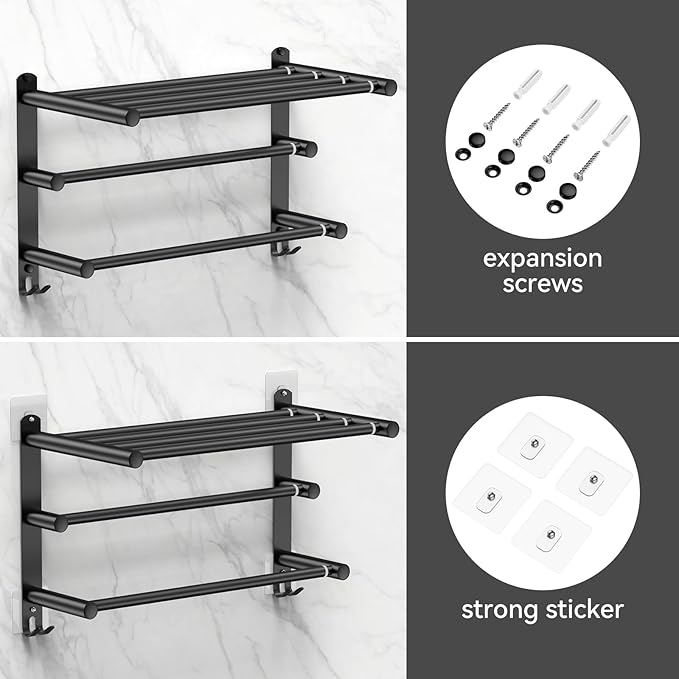 CAXIMSY Black Adjustable Towel Bar for Bathroom Wall Mount17-30.7inch Adhesive Shower Towel Rack Stainless Steel Bath Towel Holders for Toilet Kitchen Double Towel Hanger (Black 3-Layer Towel Rack)