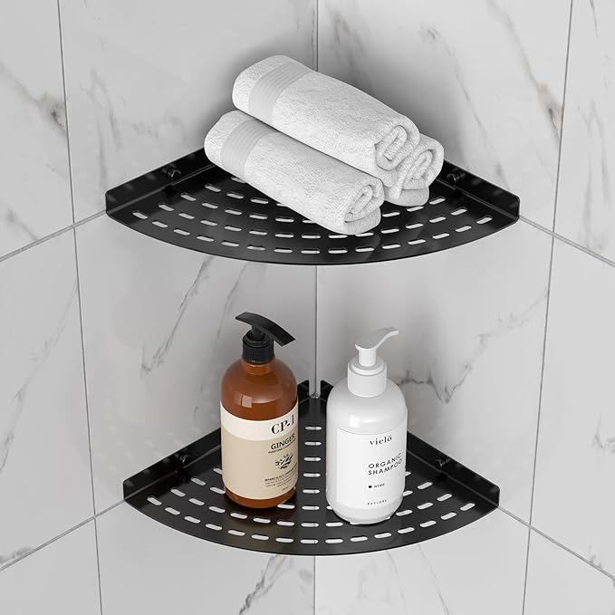 2 Pack Corner Shower Shelves 304 Stainless Steel Shower Corner Shelf Matte Black 8 in Corner Shower Shelf Prevent Rust Drilling Installation