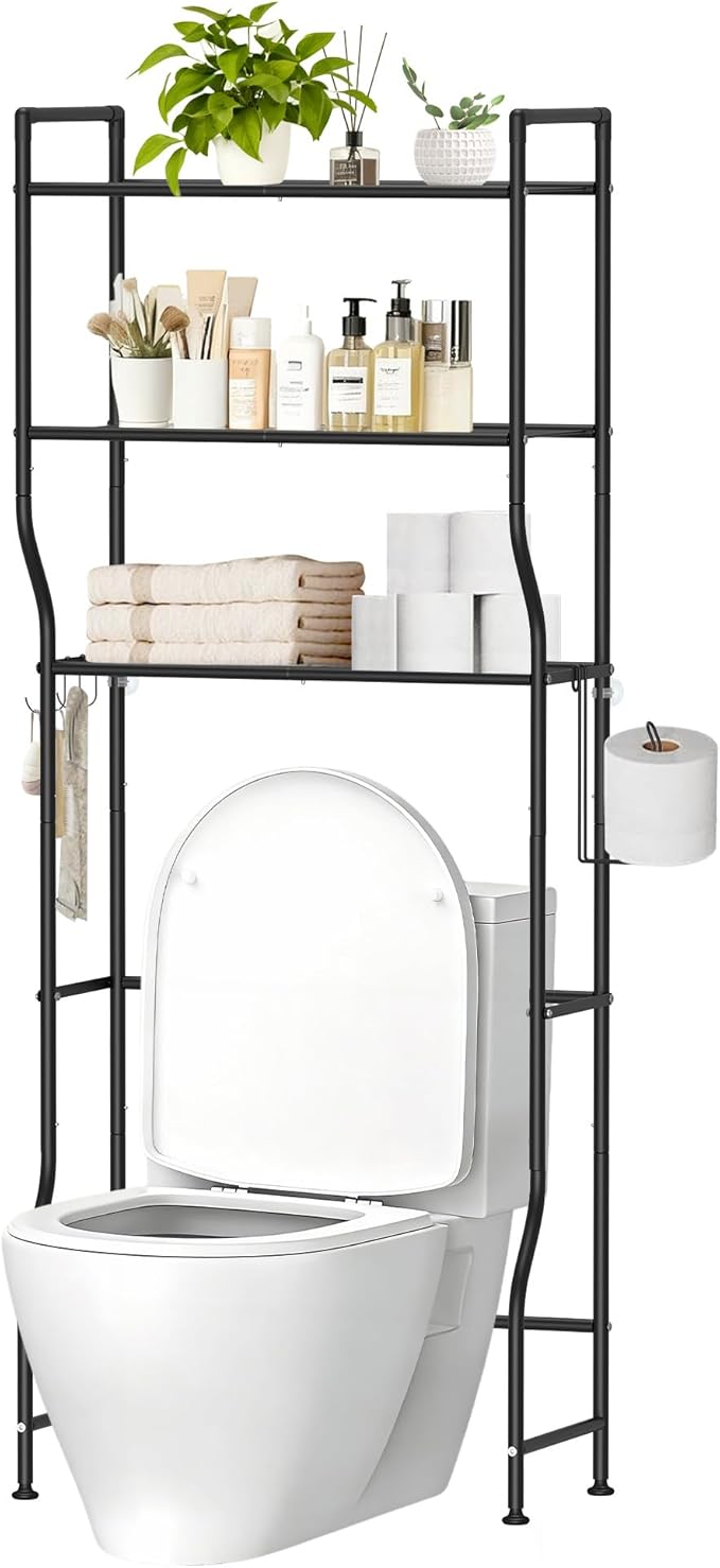 Over The Toilet Storage, 3-Tier Heavy Duty Metal Bathroom Organizer and Storage Rack, Space-Saving Above Toilet Cabinet Shelf with Paper Holder & 4 Hooks, Black