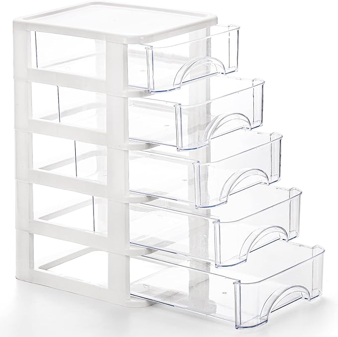 Hedume Desktop Drawer, Clear 5 Drawer Desktop Storage Unit, White Frame with Clear Drawers, Drawer Unit
