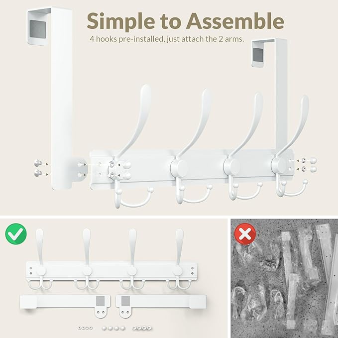 Heavy Duty Over The Door Hooks Rustproof - 25lb Over The Door Towel Rack for Bathroom, Over The Door Hanger, Door Towel Hanger, Over The Door Towel Hook, Coat Rack (2Pack, White)