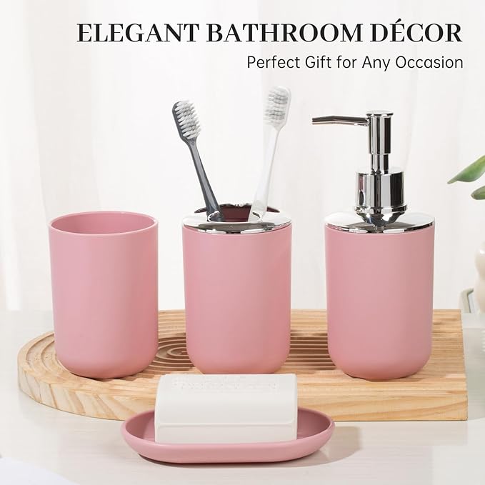 Bathroom Accessory Set, 4 Pcs Plastic Bathroom Set Include Soap Dispenser, Soap Dish, Toothbrush Holder, Mousewash Cup, Modern Bahtroom Décor Set, Space Save for Bathroom(Light Pink)