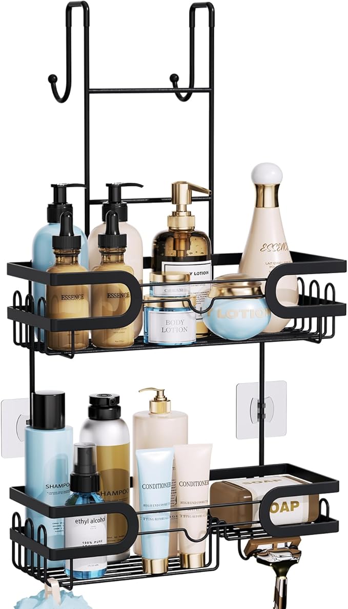 HapiRm Hanging Shower Caddy Over the Door with 14 Hooks and Soap Holder, No Drilling Adhesive Shower Storage, Rustproof & Waterproof Stainless Steel Bathroom Shelves - Black