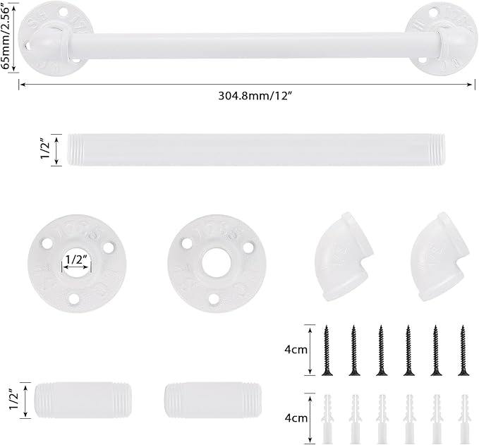 Industrial Pipe Towel Rack Towel Bar, Heavy Duty Wall Mounted Rustic Farmhouse Bath Towel Holder for Bathroom (White, 12 inch)