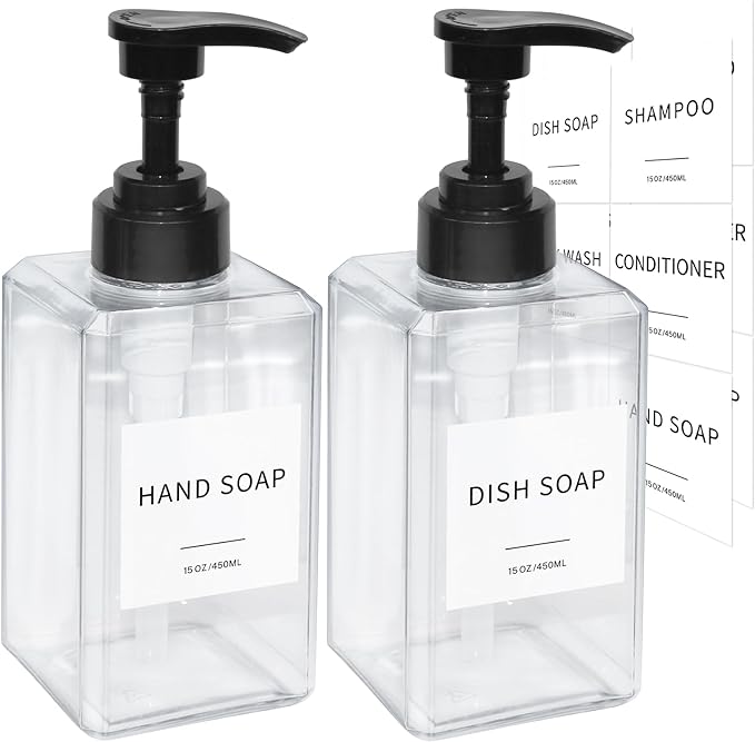 Clear Soap Dispenser with Waterproof Labels, Thickened Plastic Hand Soap Dispenser for Bathroom, Kitchen Dish Washing Liquid Bottles, Shampoo and Conditioner Bottles with Funnel (15oz 2Pack Clear)