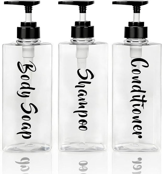 AUMIO 16.9oz Clear Shampoo and Conditioner Dispenser Set of 3, Refillable Empty Shampoo Bottles with Pump for Shower, Printed Plastic Soap Dispenser for Bathroom, Rectangular Body Wash Container Sets