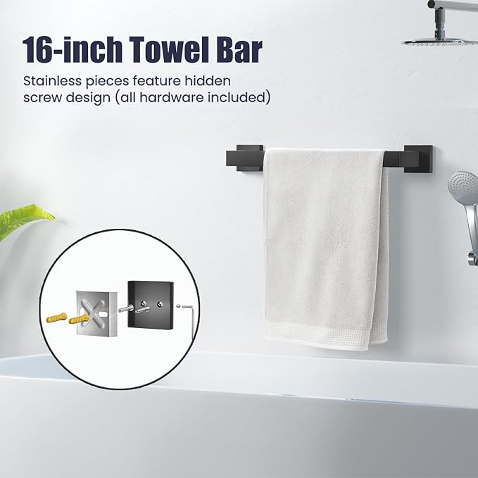 Bathroom Hardware Accessories Set: Bath Towel Bar Set, Towel Racks for Bathroom Wall Mounted, SUS304 Stainless Steel (Matte Black, 5-Pieces)