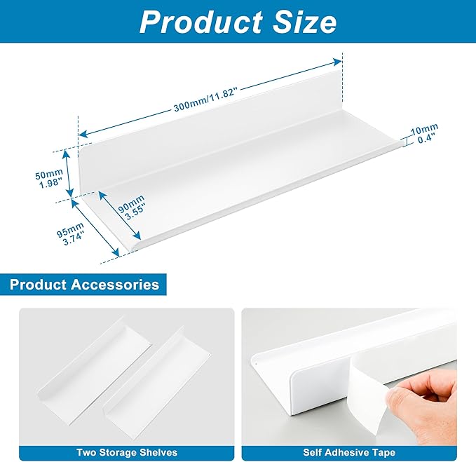 SAYAYO White Floating Shelves for Wall Storage, 12 Inch Adhesive Wall Shelves for Bedroom Decor, Small Display Bathroom Shelf Organizer for Kitchen, Living Room, Office, 2pcs