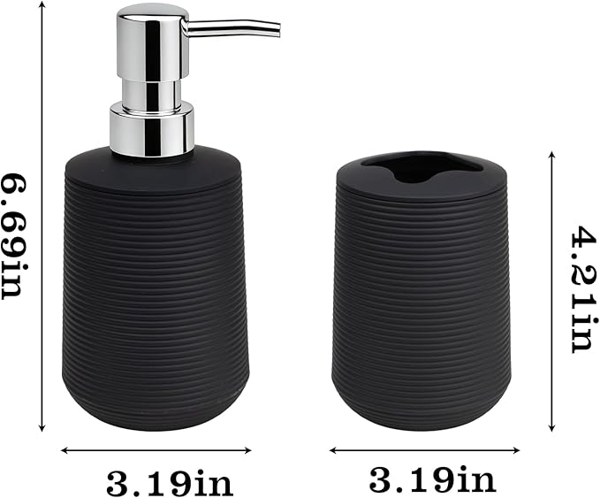 Bathroom Accessories Set, Bathroom Soap Dispenser & Toothbrush Holder Set, 2 Piece High Capacity Organizer in Black, Minimalist Boho Style for Clutter Free Bathroom