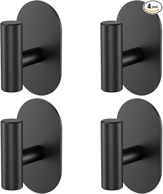 Aikzik Black Adhesive Hooks Heavy Duty-Max 26lb, Wall Hooks for Shower, Bathroom, Towel, Coat, Robe, Stainless Steel Hooks for Hanging, Sticky Hooks for Walls No Damage- 4 Pack