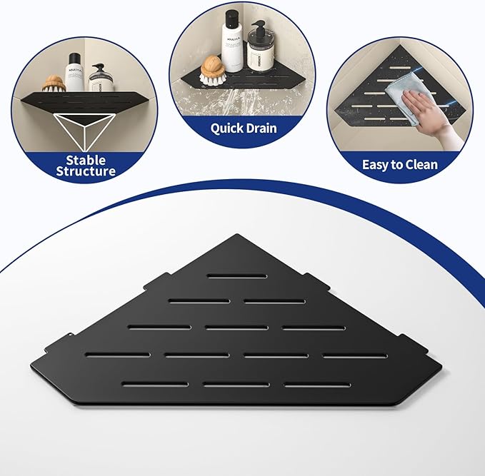 Corner Shower Shelf, 304 Stainless Steel Pentagonal Heavy Duty Floating Corner Sheves, Slot Design Grout in Bathroom Shelf for Tiled Wall 2 Pack(Matte Black, 8"-2 Pack)