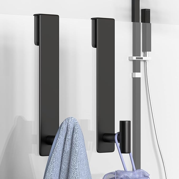 PMMASTO 10 Inch Extended Shower Door Hooks for Frameless Glass Bathroom, Stainless Steel Heavy Duty Over Door Towel and Robe Hanger (Black, Fits 3/8" Thick Door- T Shape)