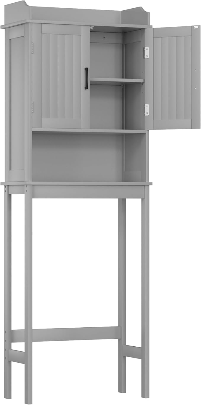 Yardenaler Over-The-Toilet Storage Shelf with Doors, Bathroom Freestanding Organizer Space Saver with Adjustable Shelf, Gray