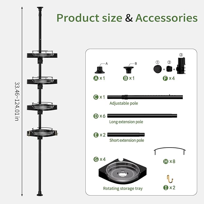 360° Rotating Shower Caddy Tension Pole, 4 Tiers Corner Shower Organizer for Bathroom Shelf Bathtub, Adjustable Standing Shower Rack Bathroom Accessories, Easily Assemble, 34-124 Inch Height, Black