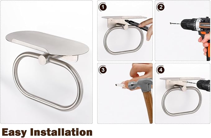Hand Towel Ring with Shelf, Stainless Steel Hand Towel Holder, Heavy Duty Bath Accessories, Wall Mounted Towel Hanger for Bathroom Kitchen (Brushed Nickel)