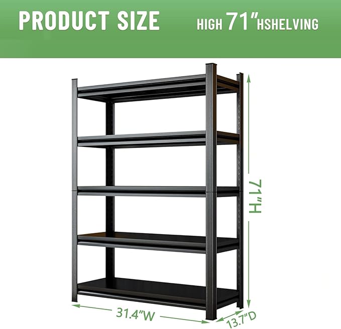 5-Tier Metal Baker Rack, Heavy Duty Kitchen Shelf Organizer with Adjustable Shelves, Big Capacity Utility Rack for Kitchen, Pantry, Garage, Basement (71" Hx 31.4" W x13.7 D)
