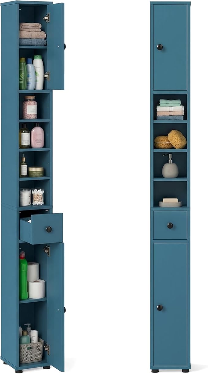 Tangkula Tall Slim Bathroom Storage Cabinet, 71" Freestanding Bathroom Cabinet w/ 2 Doors, 1 Drawer & 5 Adjustable Shelves, Floor Narrow Tower Cabinet for Small Spaces, 8" x 8" x 71" (Blue)