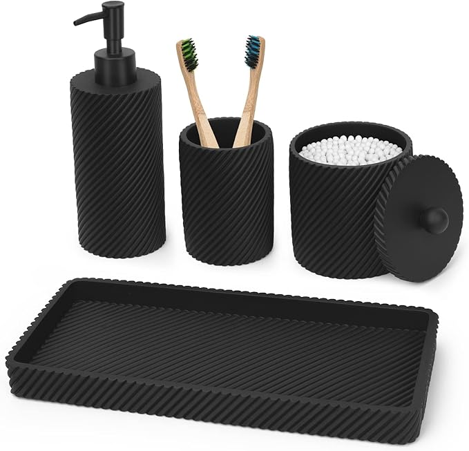Black Bathroom Accessories Set 4 Pcs - Toothbrush Holder,Lotion Soap Dispenser,Qtip Holder Dispenser,Vanity Tray for Countertop Vanity Organizer,Bathroom Accessory Set