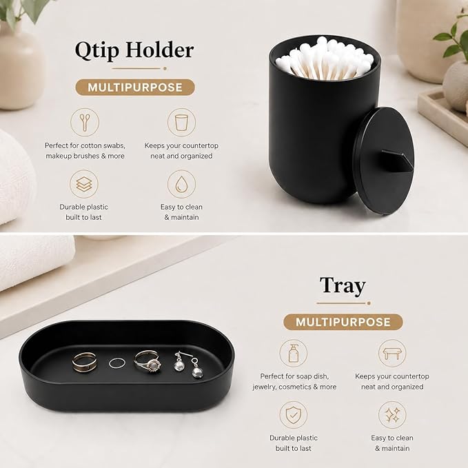 4-Piece Bathroom Accessories Set, Matte Black Plastic Countertop Organizer with Lotion Soap Dispenser, Tumbler, Cotton Swab Cup & Vanity Tray – Modern Bathroom Decor for Home