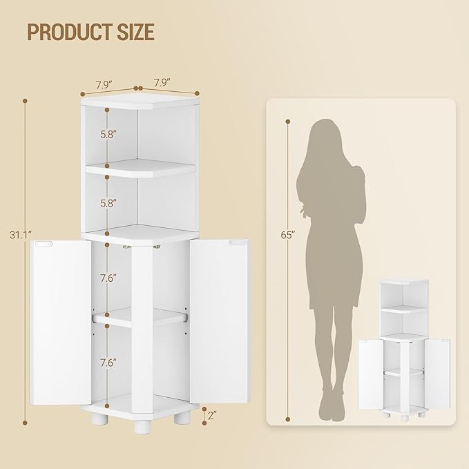 Hzuaneri Corner Cabinet, Small Bathroom Corner Cabinet with Doors, Narrow Storage Cabinets with Adjustable Shelves, Bathroom Organizers and Storage for Small Space, White BC20003X