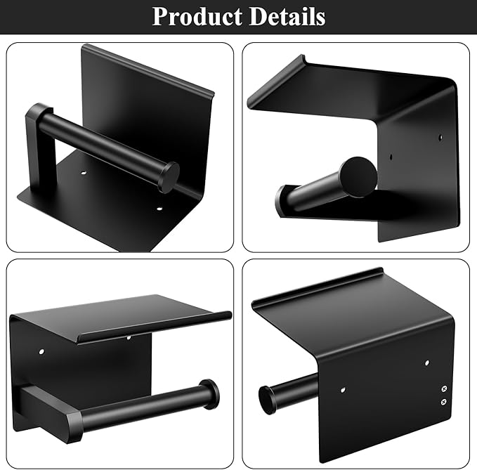 Tindbea Toilet Paper Holder Wall Mount + Towel Robe Hooks, Adhesive or Screw Wall Mounted Toilet Paper Roll Holder with Shelf, Stainless Steel Bathroom Organizers and Storage Kit (Matte Black)