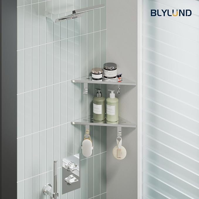 10’’ Shower Corner Shelf, Stainless Steel Shower Shelves with Razor Hole for Bathroom, Grout in Corner Shelf with Hooks for Tiled Wall 2 Pack, Polished