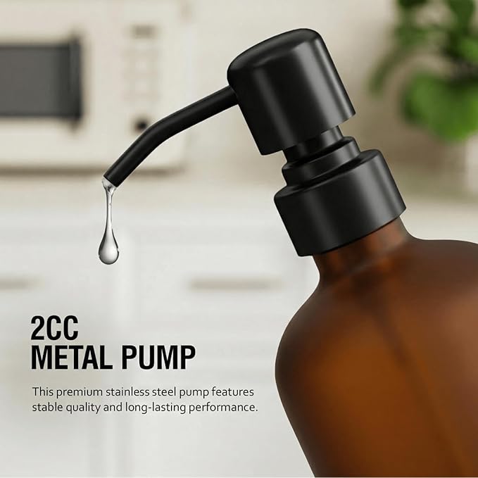 MOMEEMO Amber Shampoo and Conditioner Bottles with Tray, Shower Bottles Refillable with Labels, Hotel Shampoo and Conditioner Dispenser for Shower, Body Wash Container with Pump (Amber)