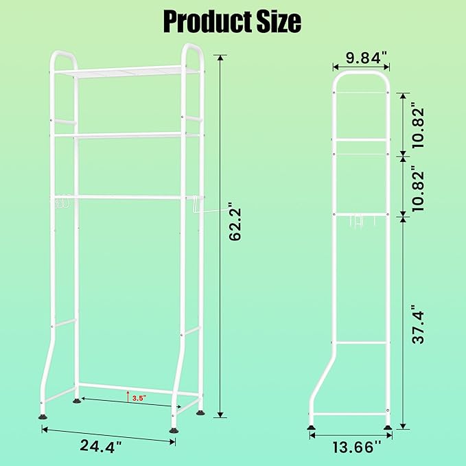 3-Tier No-Drill Over Toilet Storage Rack - White Metal Bathroom Organizer with Hooks & Paper Holder for Small Space