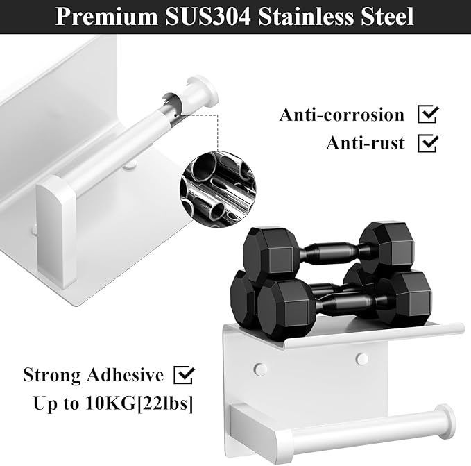 Tindbea Toilet Paper Holder with Phone Shelf + Towel Robe Hooks, Adhesive or Screw Wall Mounted Toilet Paper Roll Storage Dispenser, Stainless Steel Bathroom Tissue Roll Holder (White)