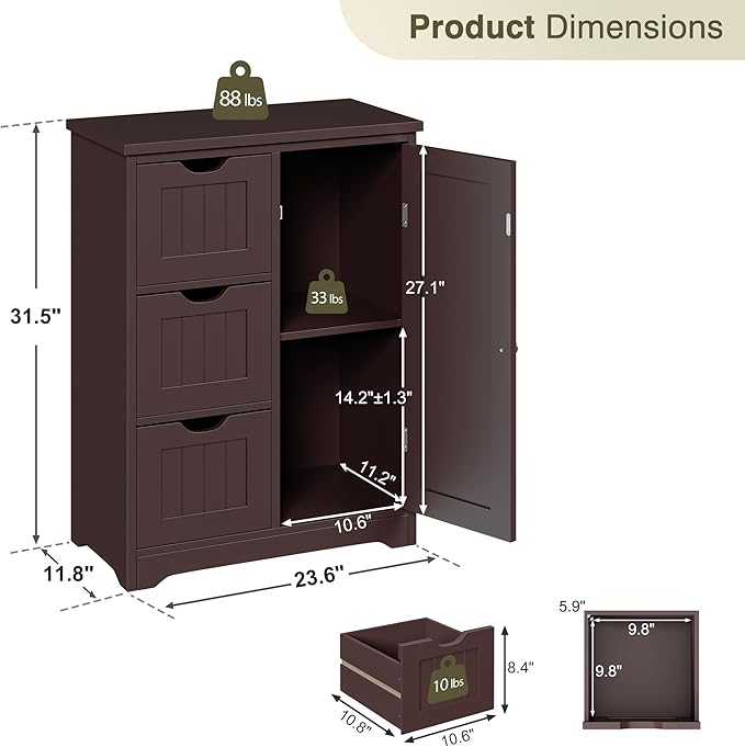 SUPER DEAL Bathroom Storage Cabinet with 3 Drawers and 1 Door, Entryway Home Decor Furniture Towels Storage Organizer Unit, Brown