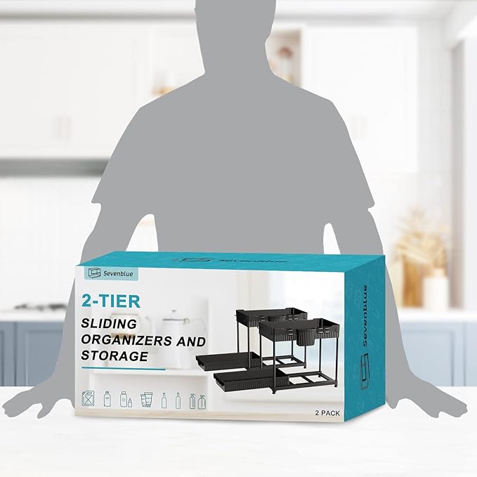 Sevenblue 2 Packs Under Sink Organizer, Height Adjustable 2 Tier Under Kitchen Sink Organizer, Multi-Purpose Storage Shelf for Kitchen Bathroom Cabinet (Black, L)