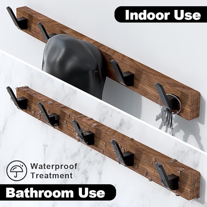 17 Inch Walnut Wood Wall Mounted Coat Rack with 5 Black Hooks, Adhesive Mounted Entryway Hooks, Modern Natural Wooden Pegs for Hanging Coat Clothes Hat Bag Purse Key and Towel