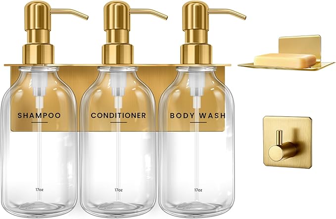 KOUCHU Shampoo and Conditioner Dispenser Set - Wall Mounted Shower Soap Dispenser - 17oz No-Drill Refillable Plastic Pump Bottles for Bathroom Kitchen - Includes Soap Dish and Hook (Transparent)