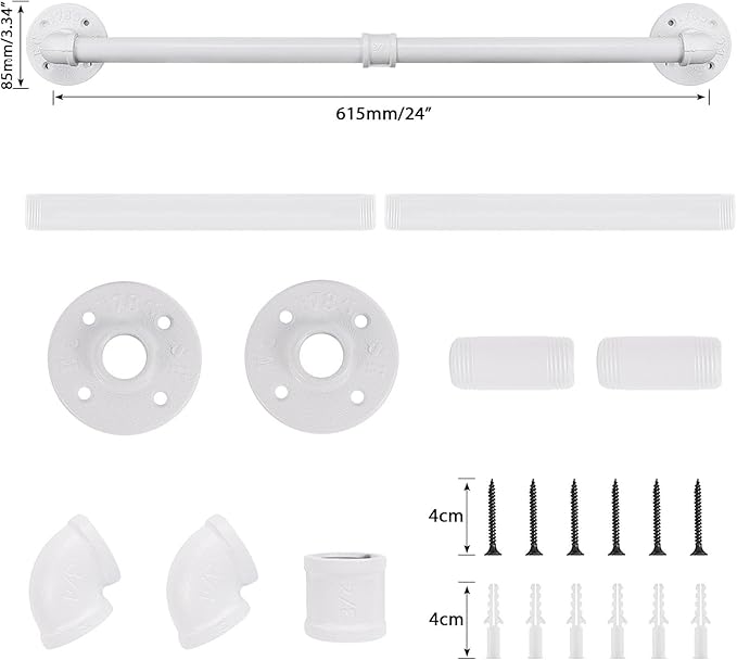 Industrial Pipe Towel Rack Towel Bar, Heavy Duty Wall Mounted Rustic Farmhouse Bath Towel Holder for Bathroom (White, 24 inch)