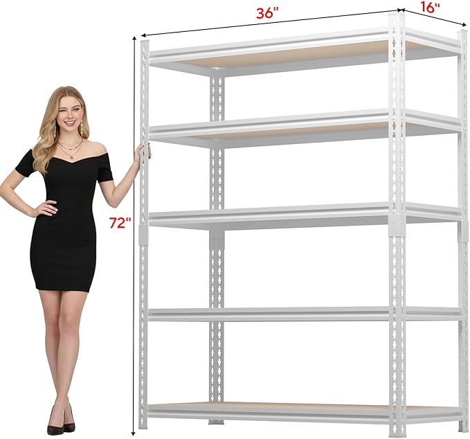 5-tier garage shelving, heavy-duty storage racks, 2,500-pound load capacity. 72“H x 35.95”W x 16"D adjustable metal shelving units, ideal for garage storage and commercial applications(72H*35.95W*16D)